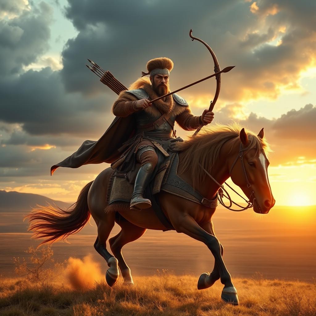 A dynamic and powerful Mongol warrior on horseback, clad in traditional armor made of leather and horse-hair, wielding a bow and arrow, with the vast Mongolian steppes in the background