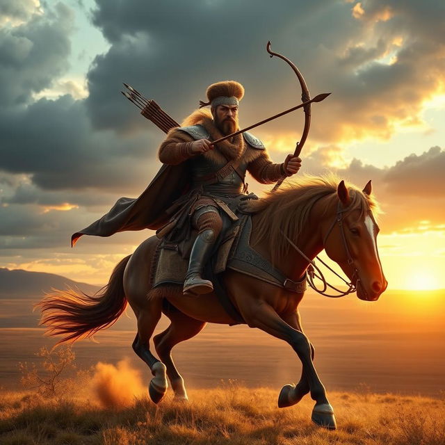A dynamic and powerful Mongol warrior on horseback, clad in traditional armor made of leather and horse-hair, wielding a bow and arrow, with the vast Mongolian steppes in the background