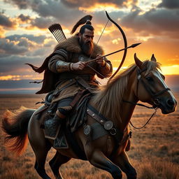 A dynamic and powerful Mongol warrior on horseback, clad in traditional armor made of leather and horse-hair, wielding a bow and arrow, with the vast Mongolian steppes in the background