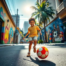 A dynamic and lively scene showcasing a young boy joyfully playing football in the vibrant streets of Sao Paulo, Brazil