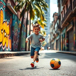 A dynamic and lively scene showcasing a young boy joyfully playing football in the vibrant streets of Sao Paulo, Brazil