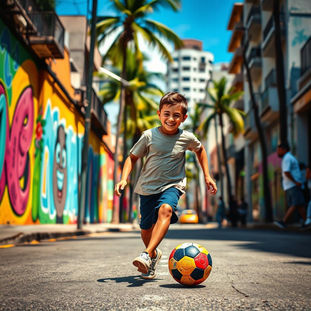 A dynamic and lively scene showcasing a young boy joyfully playing football in the vibrant streets of Sao Paulo, Brazil