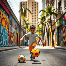 A dynamic and lively scene showcasing a young boy joyfully playing football in the vibrant streets of Sao Paulo, Brazil