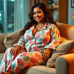 A voluptuous brunette named Nino with a curvy figure and a generous bust, wearing a cozy and stylish pajama set