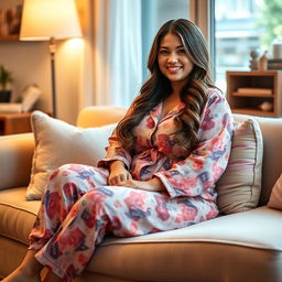 A voluptuous brunette named Nino with a curvy figure and a generous bust, wearing a cozy and stylish pajama set