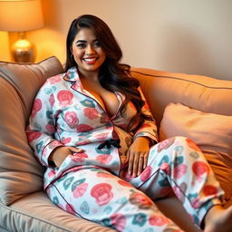 A voluptuous brunette named Nino with a curvy figure and a generous bust, wearing a cozy and stylish pajama set
