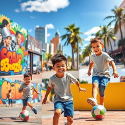 A series of vibrant photos capturing the same energetic young boy playing football in the lively streets of Sao Paulo, Brazil