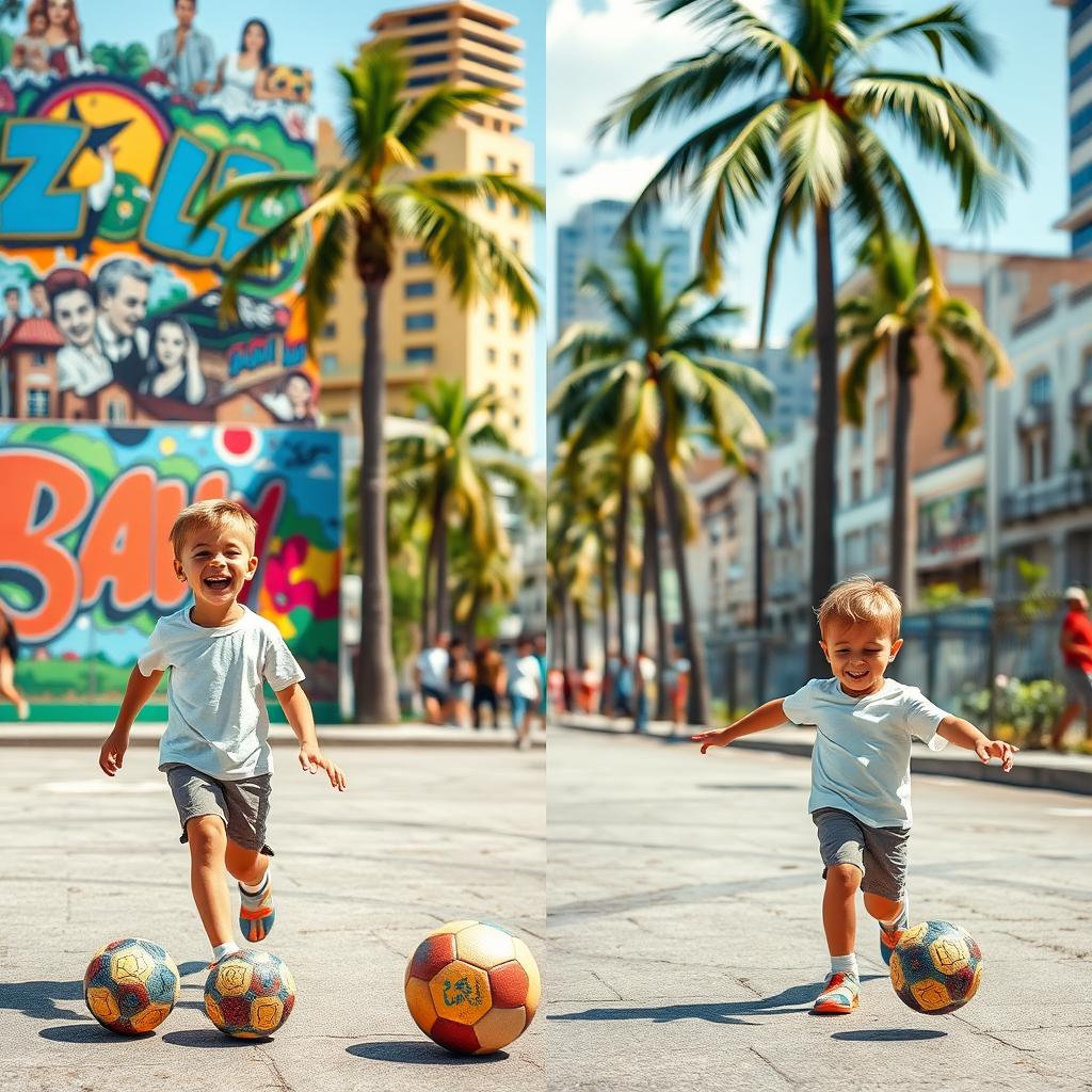A series of vibrant photos capturing the same energetic young boy playing football in the lively streets of Sao Paulo, Brazil