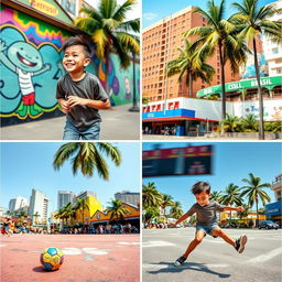 A series of vibrant photos capturing the same energetic young boy playing football in the lively streets of Sao Paulo, Brazil