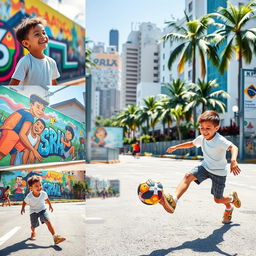 A series of vibrant photos capturing the same energetic young boy playing football in the lively streets of Sao Paulo, Brazil