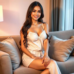 A stunningly beautiful, slender brunette named Nino with an alluring figure and a generous bust, dressed in a fashionable and cute pajama set