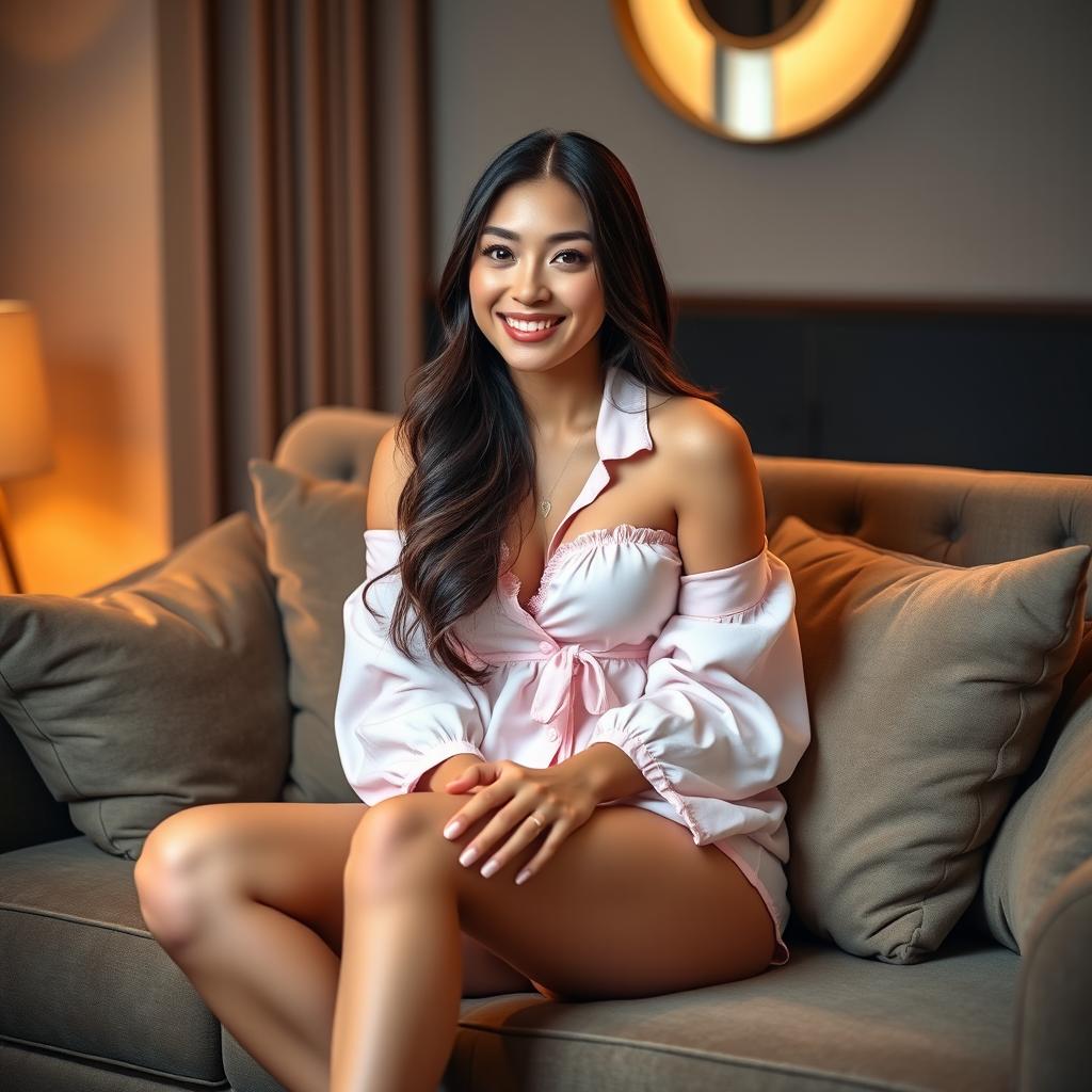 A stunningly beautiful, slender brunette named Nino with an alluring figure and a generous bust, dressed in a fashionable and cute pajama set