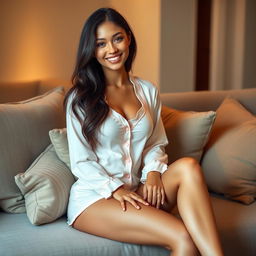 A stunningly beautiful, slender brunette named Nino with an alluring figure and a generous bust, dressed in a fashionable and cute pajama set