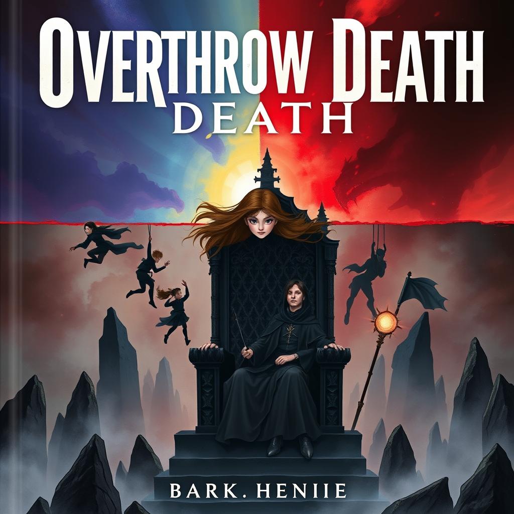A book cover for 'Overthrow Death' featuring two distinct worlds divided by a horizontal line that symbolizes life and death