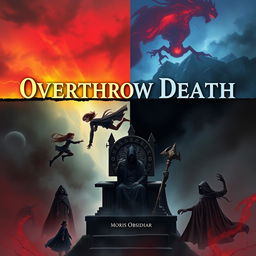 A book cover for 'Overthrow Death' featuring two distinct worlds divided by a horizontal line that symbolizes life and death