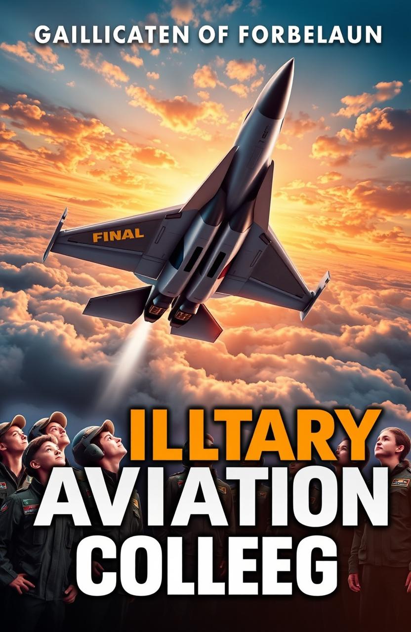 A detailed and engaging book cover for a military aviation college, showcasing themes of flying and aeronautics
