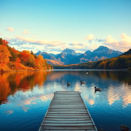 A serene landscape featuring a tranquil lake surrounded by autumn foliage
