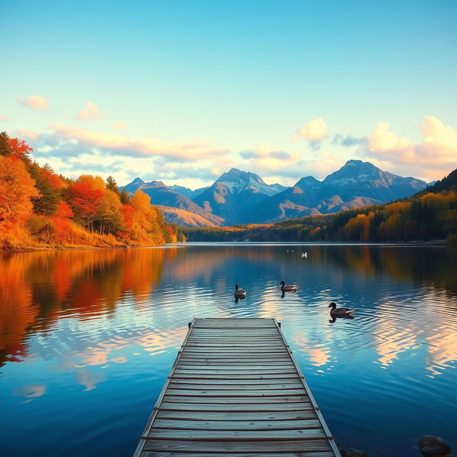 A serene landscape featuring a tranquil lake surrounded by autumn foliage