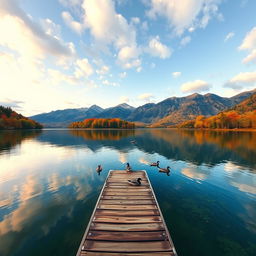 A serene landscape featuring a tranquil lake surrounded by autumn foliage