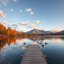 A serene landscape featuring a tranquil lake surrounded by autumn foliage