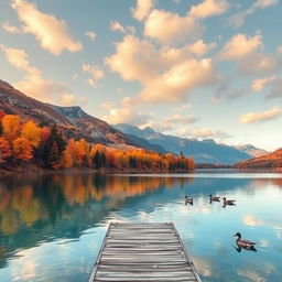 A serene landscape featuring a tranquil lake surrounded by autumn foliage