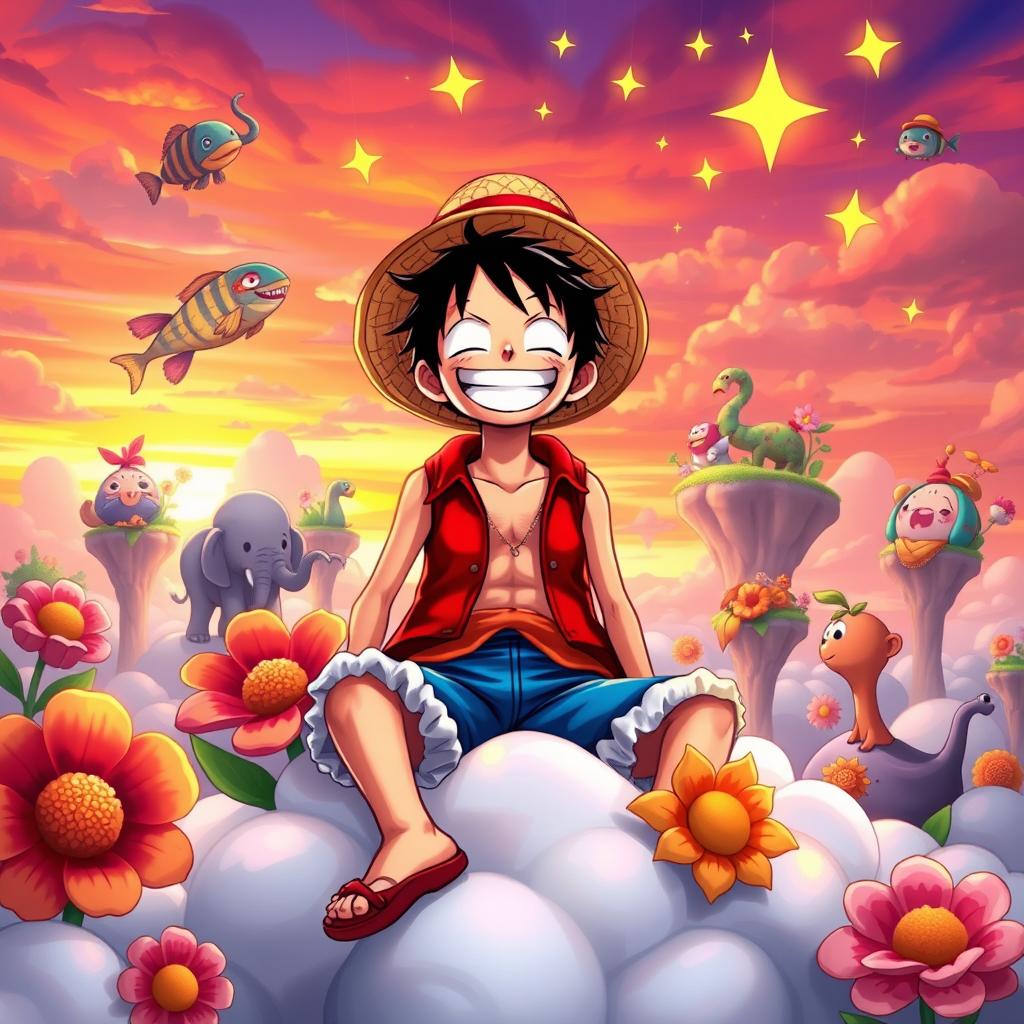 An imaginative and whimsical scene depicting Luffy from One Piece in a colorful dream world filled with floating islands and fantastical creatures