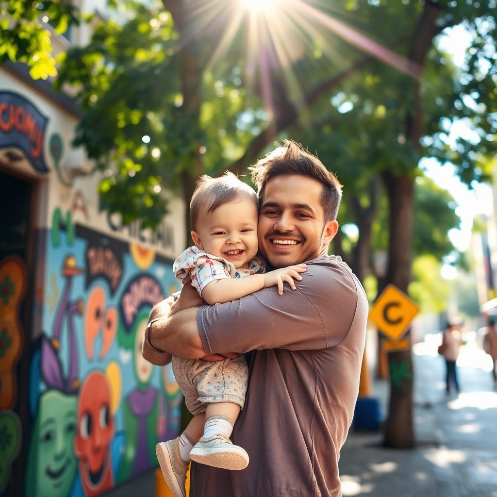 A heartwarming scene in Sao Paulo, Brazil, depicting a child happily being held in his father's arms