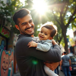 A heartwarming scene in Sao Paulo, Brazil, depicting a child happily being held in his father's arms