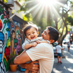A heartwarming scene in Sao Paulo, Brazil, depicting a child happily being held in his father's arms