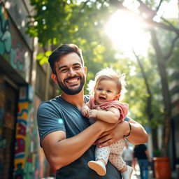 A heartwarming scene in Sao Paulo, Brazil, depicting a child happily being held in his father's arms