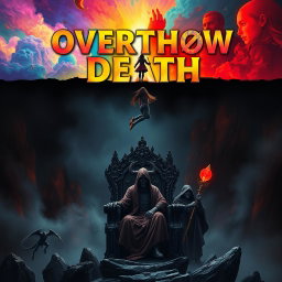 A captivating book cover for 'Overthrow Death' that visually represents two worlds divided by a horizontal line