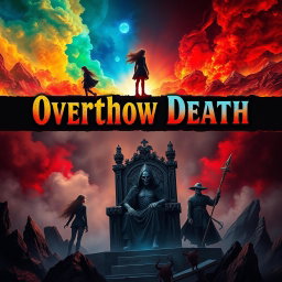 A captivating book cover for 'Overthrow Death' that visually represents two worlds divided by a horizontal line