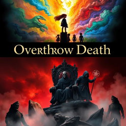 A captivating book cover for 'Overthrow Death' that visually represents two worlds divided by a horizontal line