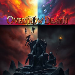A captivating book cover for 'Overthrow Death' that visually represents two worlds divided by a horizontal line