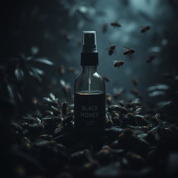 A dark and moody scene featuring a bottle of black honey spray surrounded by aggressive, menacing bees