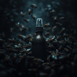 A dark and moody scene featuring a bottle of black honey spray surrounded by aggressive, menacing bees