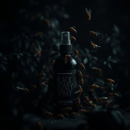 A dark and moody scene featuring a bottle of black honey spray surrounded by aggressive, menacing bees