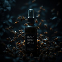 A dark and moody scene featuring a bottle of black honey spray surrounded by aggressive, menacing bees