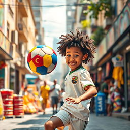 A lively scene depicting a young boy reminiscent of the legendary footballer Ronaldinho, skillfully juggling a colorful football in the vibrant streets of Sao Paulo, Brazil