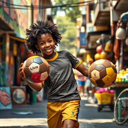 A lively scene depicting a young boy reminiscent of the legendary footballer Ronaldinho, skillfully juggling a colorful football in the vibrant streets of Sao Paulo, Brazil