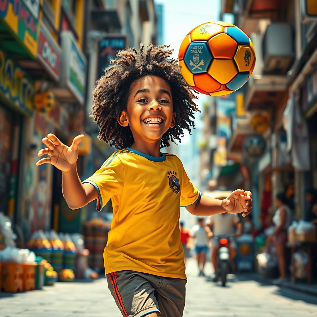 A lively scene depicting a young boy reminiscent of the legendary footballer Ronaldinho, skillfully juggling a colorful football in the vibrant streets of Sao Paulo, Brazil