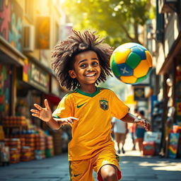 A lively scene depicting a young boy reminiscent of the legendary footballer Ronaldinho, skillfully juggling a colorful football in the vibrant streets of Sao Paulo, Brazil