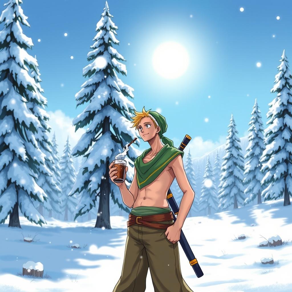 A peaceful scene featuring Zoro from the anime One Piece, dressed in his distinctive green bandana and swords, enjoying a serene day in a picturesque cold area