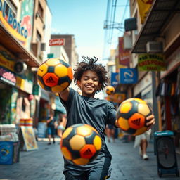 A dynamic scene featuring a young boy reminiscent of the famous footballer Ronaldinho, skillfully juggling a vibrant football in the bustling streets of Sao Paulo, Brazil