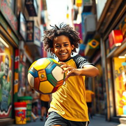 A dynamic scene featuring a young boy reminiscent of the famous footballer Ronaldinho, skillfully juggling a vibrant football in the bustling streets of Sao Paulo, Brazil