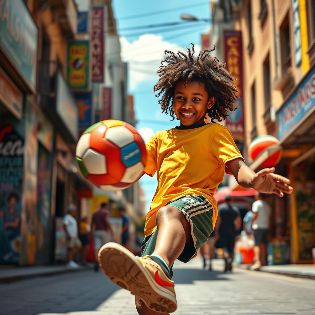 A dynamic scene featuring a young boy reminiscent of the famous footballer Ronaldinho, skillfully juggling a vibrant football in the bustling streets of Sao Paulo, Brazil