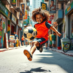 A dynamic scene featuring a young boy reminiscent of the famous footballer Ronaldinho, skillfully juggling a vibrant football in the bustling streets of Sao Paulo, Brazil
