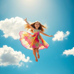 A beautiful girl dancing joyfully in the sky, surrounded by fluffy white clouds and a bright blue background