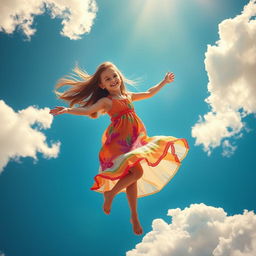 A beautiful girl dancing joyfully in the sky, surrounded by fluffy white clouds and a bright blue background