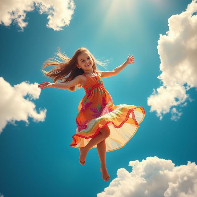 A beautiful girl dancing joyfully in the sky, surrounded by fluffy white clouds and a bright blue background
